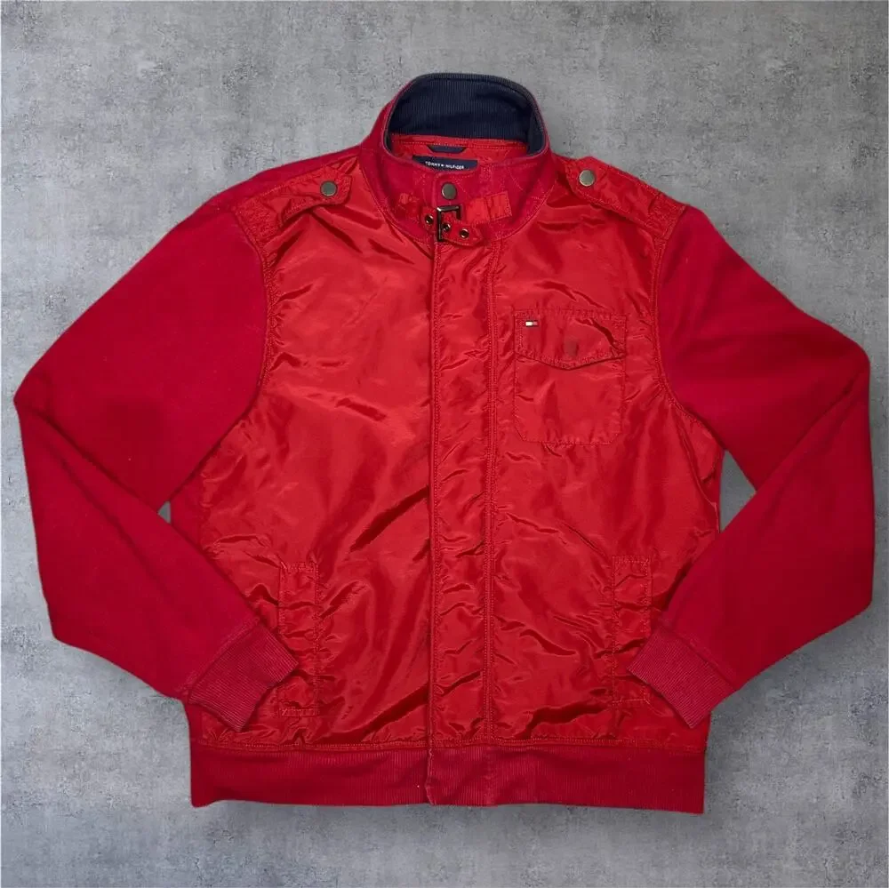 Vintage Tommy Hilfiger Men’s L Corduroy Collar Fleece Lined Red Windbreaker Y2K
